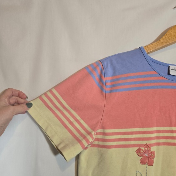 Vtg Alfred Dunner Rainbow Embroidered Beaded T Shirt Cotton Floral Large Stripe - Picture 4 of 5